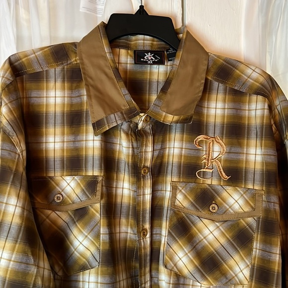 Red Ape Cotton Stretch Shirt Mens 3XL XXXL Brown Plaid Casual Embroidered Pocket - Picture 1 of 8